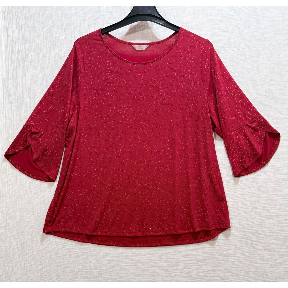 SJS‎ Studded Swirl Top Womens 2X Red 3/4 Bell Sleeve Crew Neck Festive Glam